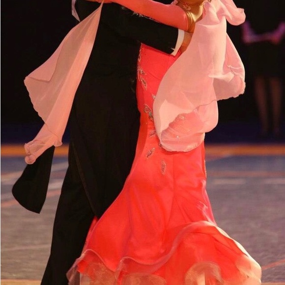 Pink ballroom dance dress with long sleeves and shinny stones and floats - Picture 3 of 6